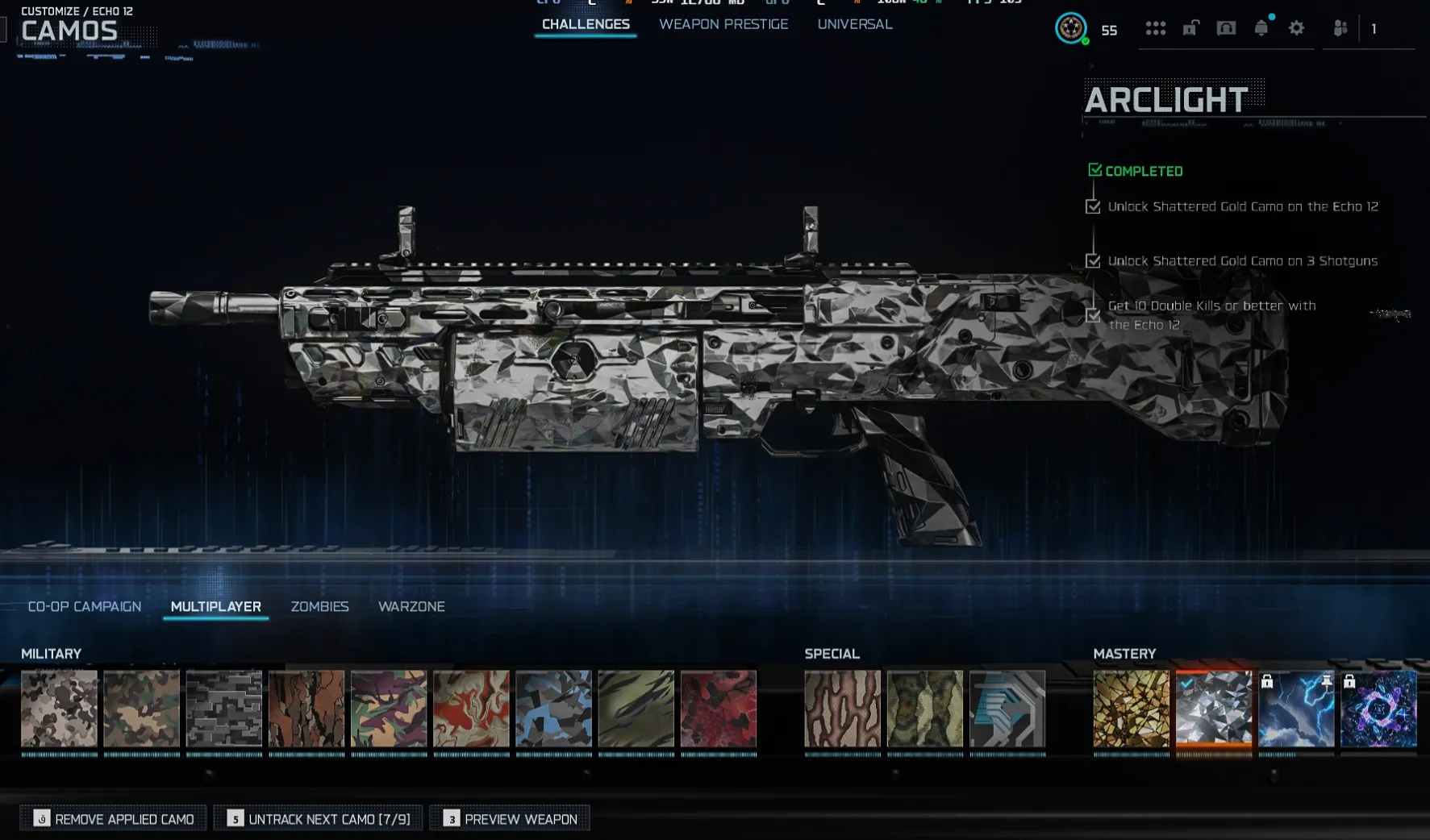 ⚔️ BO7 ⚔️ 6 Arclight 🌌 78 Camos 💥 6 Shattered Gold 🪖 Assault Rifles 🚀 Level 55 🧩 Multiple Operators 🔗 Steam / Battle.net / PSN / Xbox 